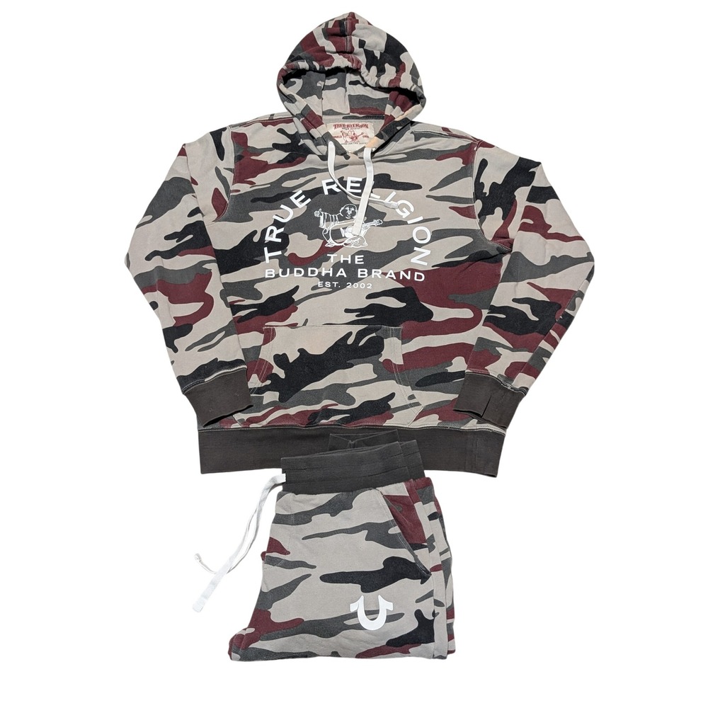 True Religion Tracksuit Mens 2 PC Set XL - M Grey Camo Buddha Hoodie Joggers